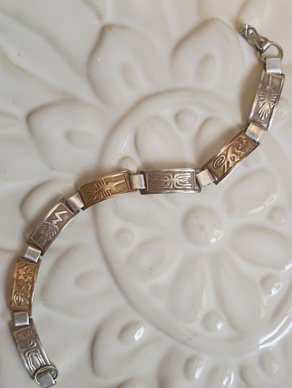 Incan Art Storytelling Sterling Silver And Gold Overlay Bracelet